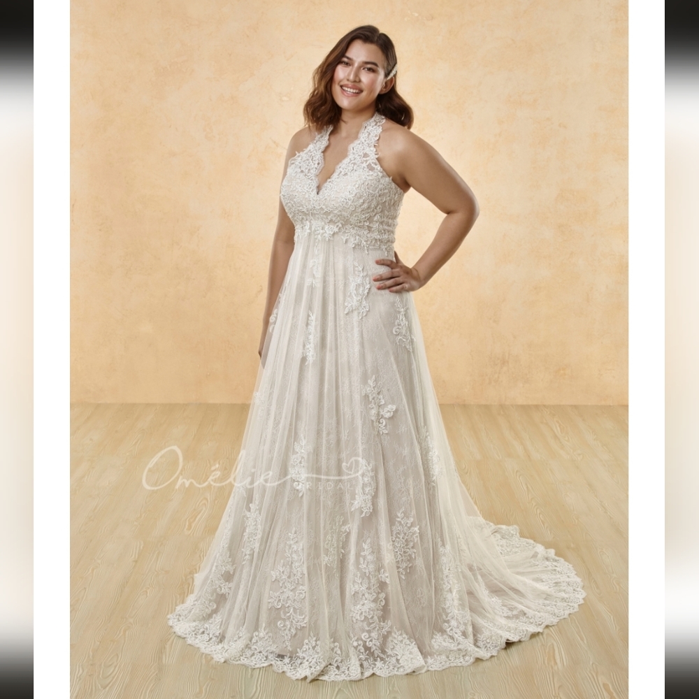 Daleyza Ivory Champagne Halter Lace Corset Back Wedding Dress 20W NEW